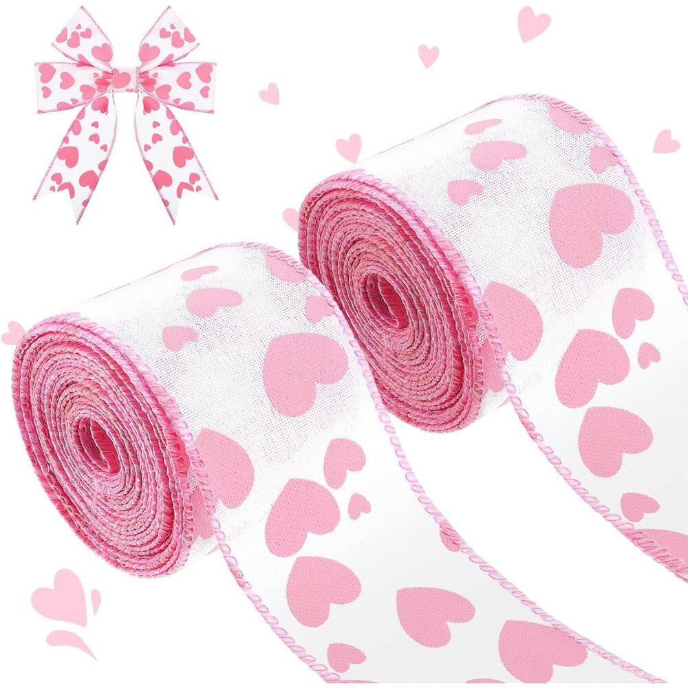 Valentine's Day Burlap Wired Ribbon 2 Rolls 12 Yards Heart Printed Love Edge Rib - Picture 1 of 7